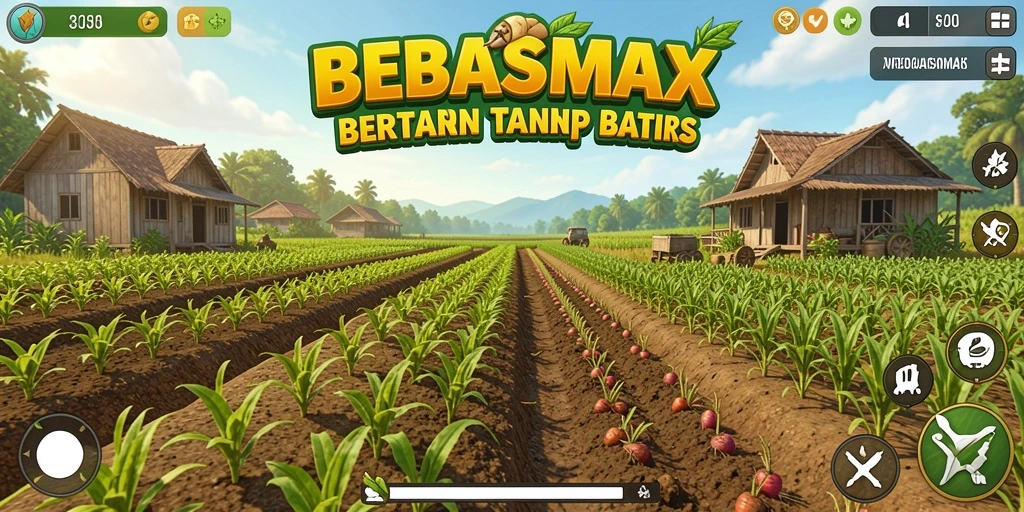 Screenshot gameplay BEBASMAX menampilkan kebun yang subur dan hewan ternak yang sehat.